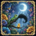 Lagarto e pintinho em galho sob lua sorrindo, cercados por flores e borboletas.