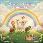 Ilustração infantil com ovelha, tartarugas, pássaros, ratos e um arco-íris colorido no céu.