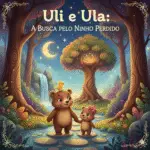 Dois ursos, Uli e Ula, de mãos dadas em trilha iluminada pela lua.