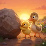 Pintinho amarelo empurra uma pedra grande com um patinho marrom ao lado.