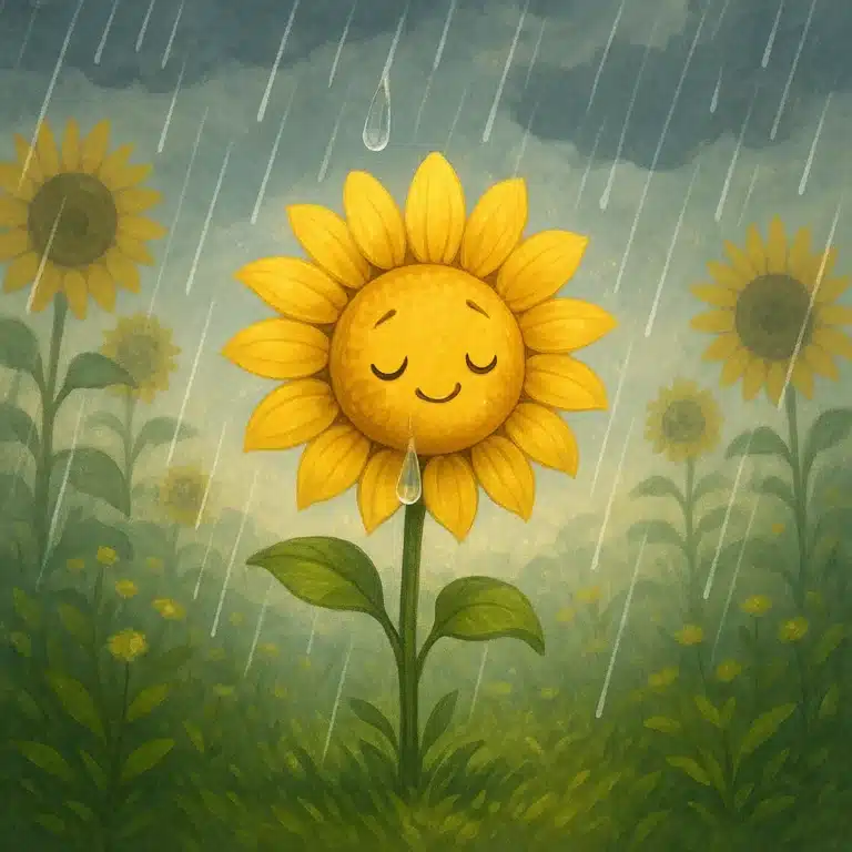 Girassol sorrindo sob a chuva, com outros girassóis ao fundo e céu nublado.