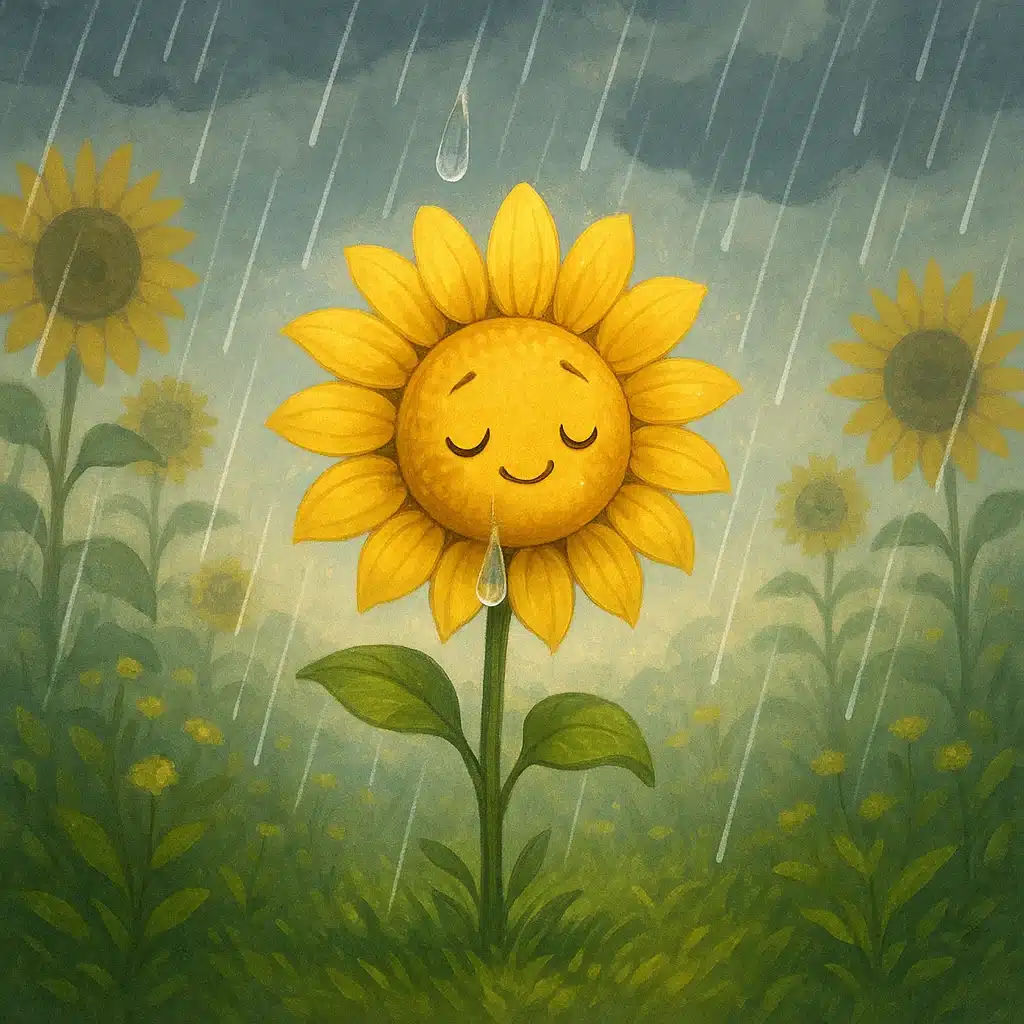 Girassol sorridente em meio à chuva, crescendo em um campo florido com outras flores ao fundo — ilustração infantil ideal para historinhas sobre superação, coragem e florescendo com a ajuda da natureza.