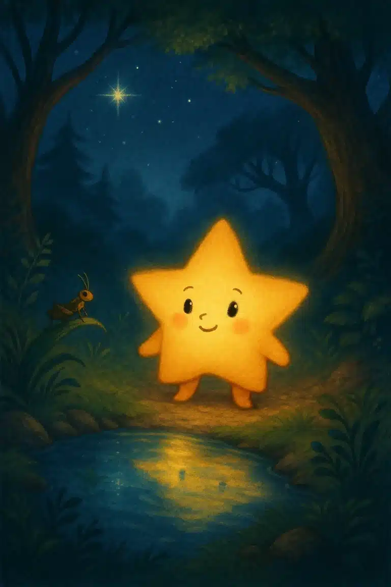 Estrela amarela sorrindo perto de um riacho à noite com um grilo na folha.