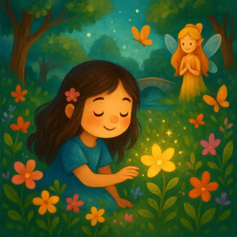 Menina sorrindo tocando flor amarela em campo florido, com fada ao fundo.