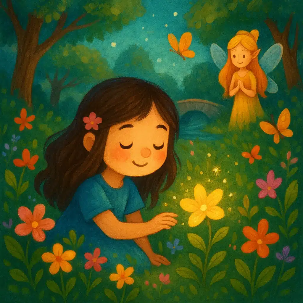 Menina de cabelos escuros tocando uma flor mágica em um jardim encantado, com uma fada observando ao fundo entre flores coloridas e borboletas — imagem ideal para historinhas infantis sobre magia e natureza.