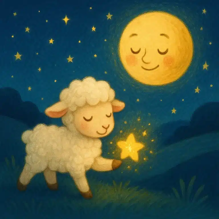 Ovelhinha sorrindo toca estrela brilhante sob a lua com rosto em noite estrelada.