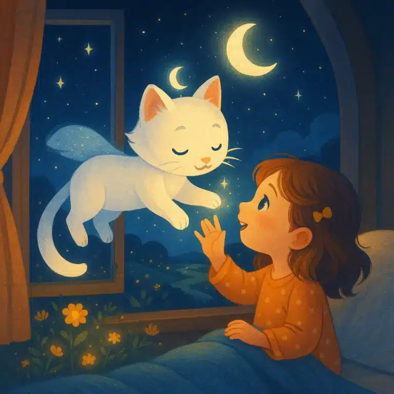 Menina sorrindo olha para gato branco com asas brilhantes perto da janela noturna.