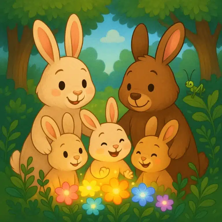 Família de coelhos sorrindo em um jardim florido, com um grilo observando.