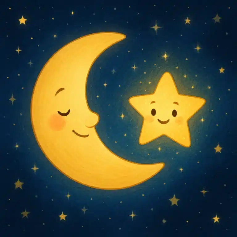 Lua sorrindo de olhos fechados ao lado de uma estrela brilhante, em fundo azul estrelado.
