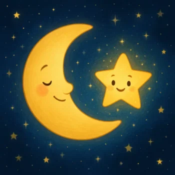 Lua sorridente em forma de crescente ao lado de uma estrela feliz no céu noturno estrelado, imagem lúdica e aconchegante para historinhas infantis sobre amizade e sonhos.