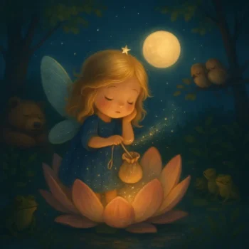 Fadinha adormecendo em flor de lótus sob a lua cheia, cercada por animais dormindo na floresta encantada, imagem mágica perfeita para historinhas infantis sobre sonhos e aconchego.