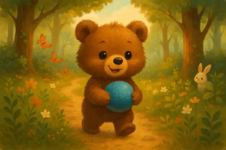 Urso de pelúcia sorrindo, carrega uma bola azul, em um caminho florido.