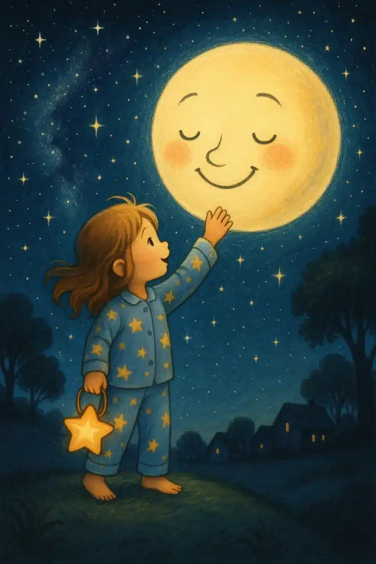 Menina em pijama de estrelas tentando tocar a lua sorridente no céu noturno.