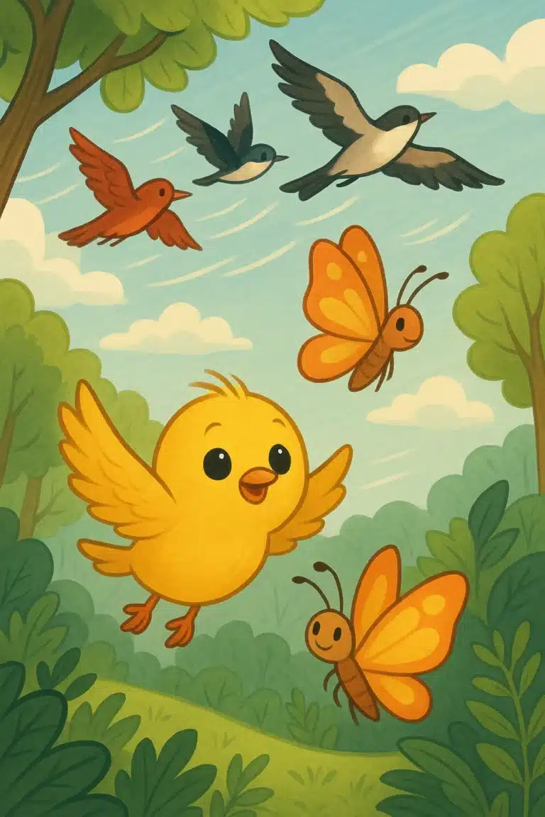 Pintinho amarelo e borboletas voando em um campo, com pássaros no céu.