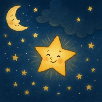 Estrelinha sorridente chamada Lumi brilhando no céu noturno ao lado da lua e várias outras estrelas — imagem encantadora ideal para historinhas infantis sobre coragem, autoestima e luz interior.
