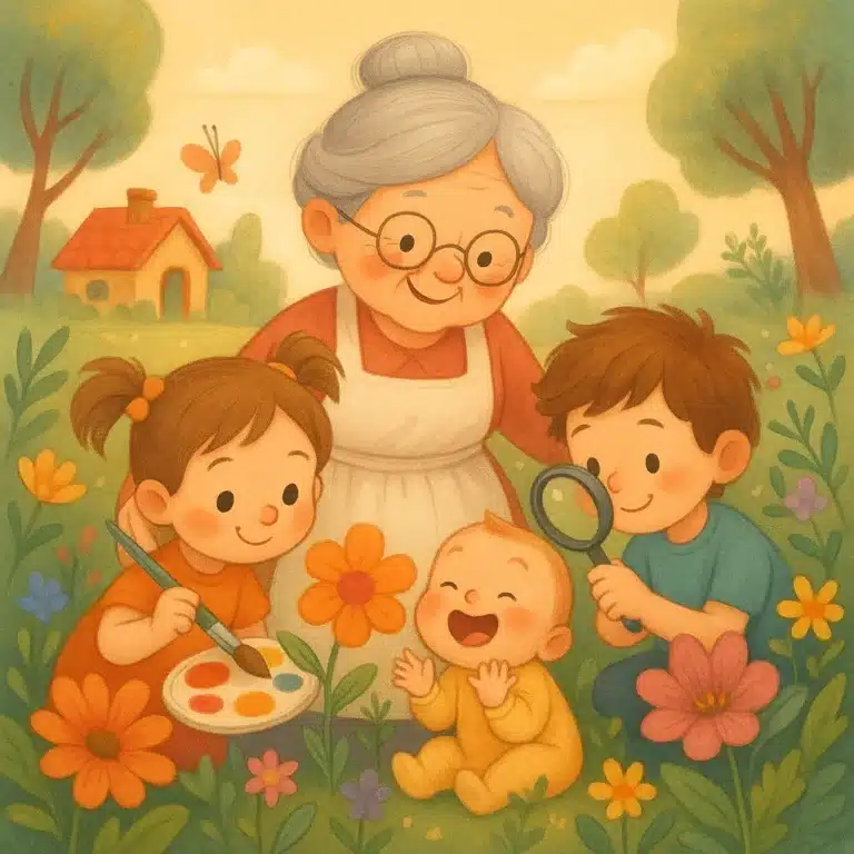 Avó sorrindo com três netos brincando em um jardim florido.