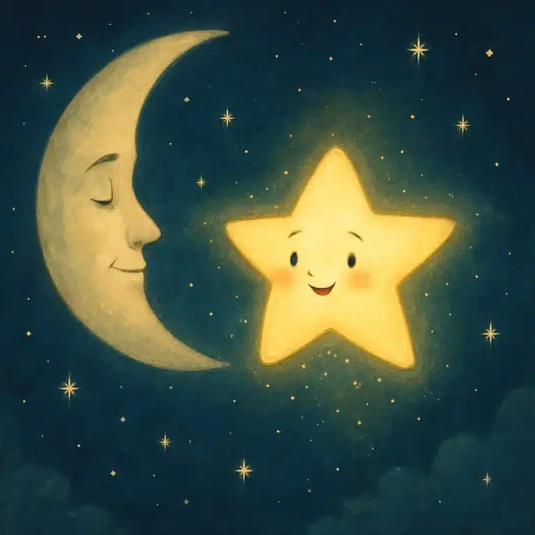 Ilustração de uma lua sorrindo ao lado de uma estrela amarela brilhante em um céu noturno.
