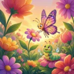Borboleta paira sobre flor, enquanto lagarta sorri sentada em outra, entre flores coloridas.