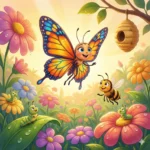 Lilica, a Lagartinha que Queria Voar | Conto Encantado Borboleta, abelha e lagartas sorrindo em um campo florido com colmeia.