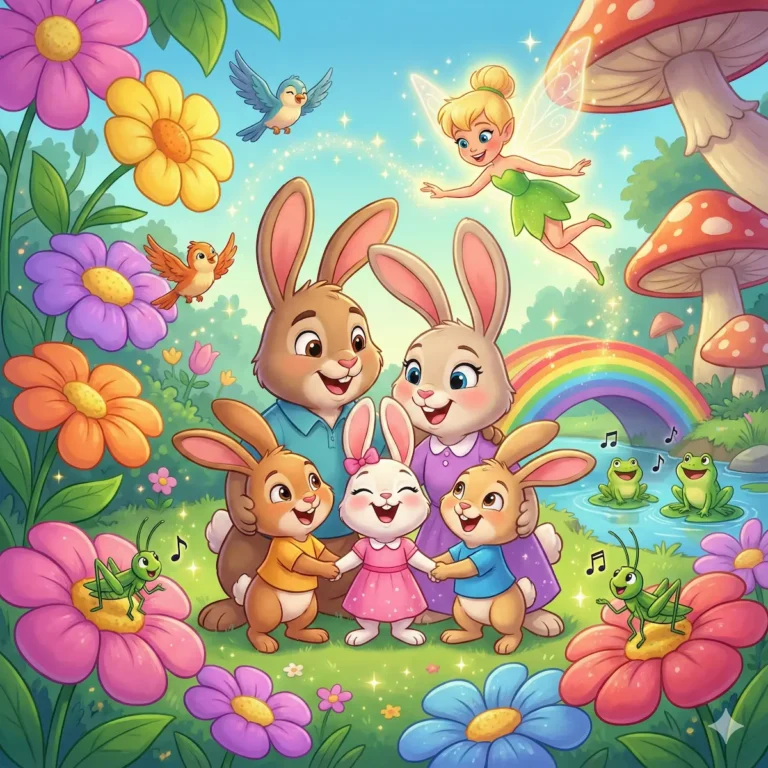 Família de coelhos e fada em um jardim florido com arco-íris e cogumelos.