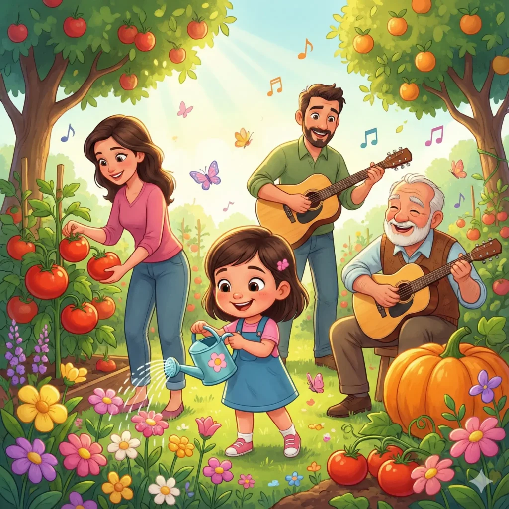 Família no jardim: menina rega flores, mãe colhe tomates, homens tocam violão.
