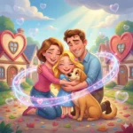 Família feliz abraçando filha e cachorro em frente a casas com corações.