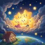 Família de estrelas abraçando uma estrela brilhante acima de uma casa na Terra.