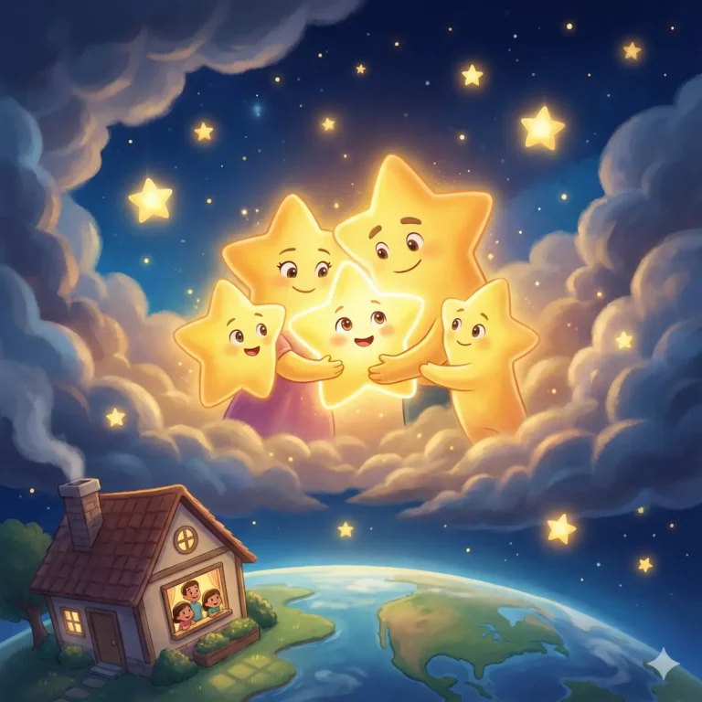 Família de estrelas abraçando uma estrela brilhante acima de uma casa na Terra.