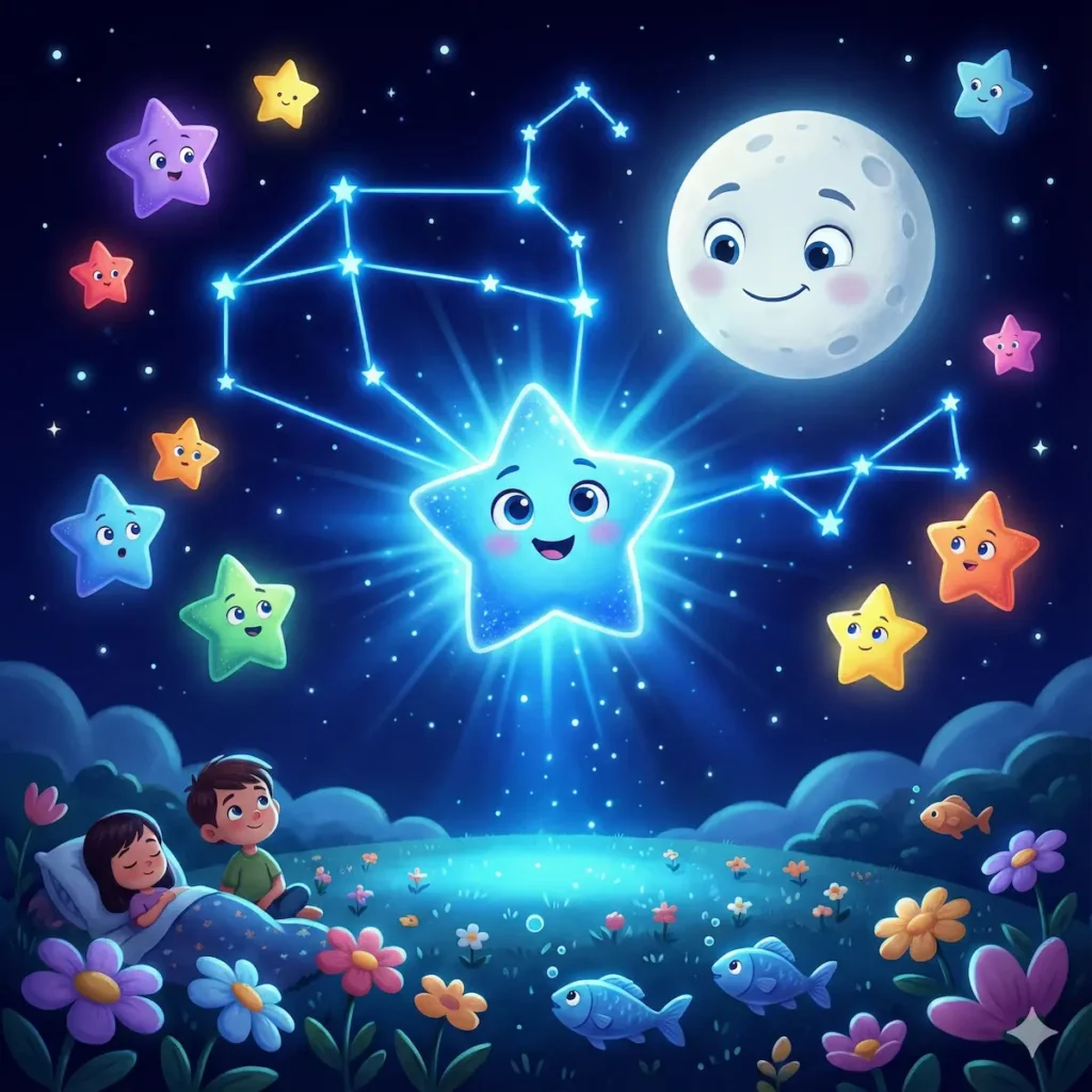 Crianças dormem sob céu noturno com estrelas, lua e constelação brilhantes.