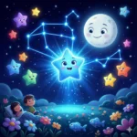 Crianças dormem sob céu noturno com estrelas, lua e constelação brilhantes.