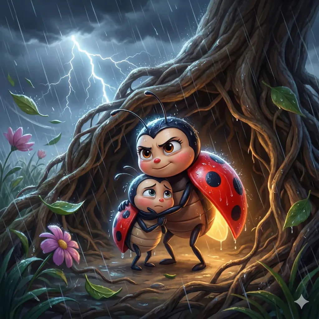 Joanhinas se abraçam sob a chuva, protegidas pelas raízes de uma árvore durante a tempestade.