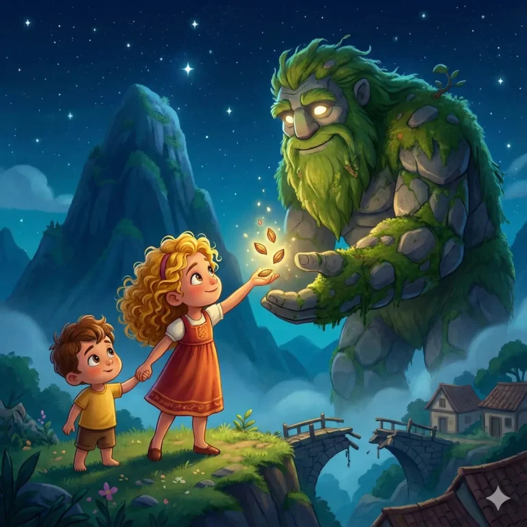 Menina oferece folhas brilhantes a gigante de pedra sob céu estrelado.