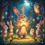 Ilustração de coelhos, corujas e formigas em uma floresta iluminada pela lua.