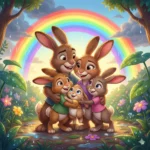 Família de coelhos se abraçando sob um arco-íris em uma ilustração infantil.
