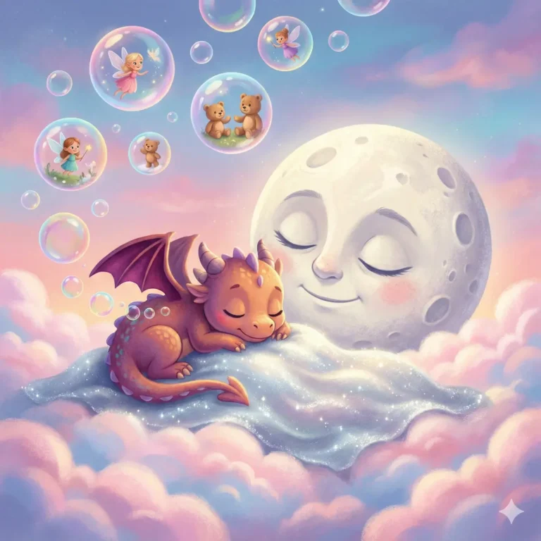 Dragão bebê dormindo em nuvem fofa com lua sorrindo e fadas em bolhas.