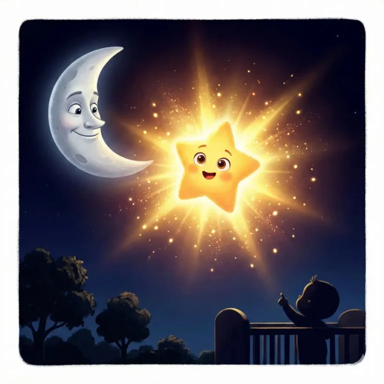 Bebê aponta para a lua e uma estrela brilhante no céu noturno.