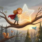 Menina abraça estrela brilhante em galho de árvore, com esquilo, borboleta e passarinho.