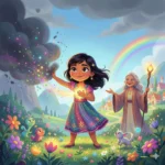 Menina mágica transformando nuvem escura em estrelas, com velha sábia, criaturinhas e arco-íris.
