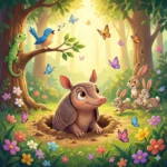 Tatu sorri saindo da toca, rodeado por coelhos, flores, borboletas e um pássaro cantando.