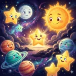 Ilustração infantil colorida com sol, lua, estrelas e planetas sorrindo em um céu estrelado.