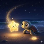 Tartaruga encontra uma estrela sorridente na praia sob um céu estrelado e brilhante.