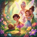 As Asinhas de Amora | História de Amizade Fada pequena acaricia um caracol enquanto outras fadas, umas tristes, observam na floresta.