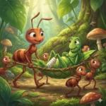 Claro, aqui estão algumas opções de texto alternativo para a ilustração:*   **Opção 1:** Ilustração de formigas carregando um gafanhoto ferido em uma padiola.
*   **Opção 2:** Desenho de história infantil: formigas ajudando um gafanhoto em apuros.
