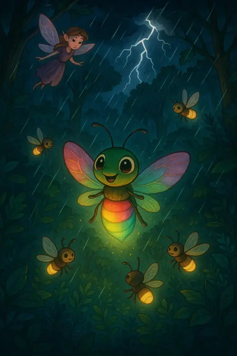 Fada voa com vaga-lumes brilhantes sob chuva e relâmpago em meio a árvores.