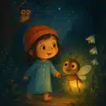 Menina de touca e vaga-lume sorrindo em floresta escura iluminada por vaga-lume e estrelas.