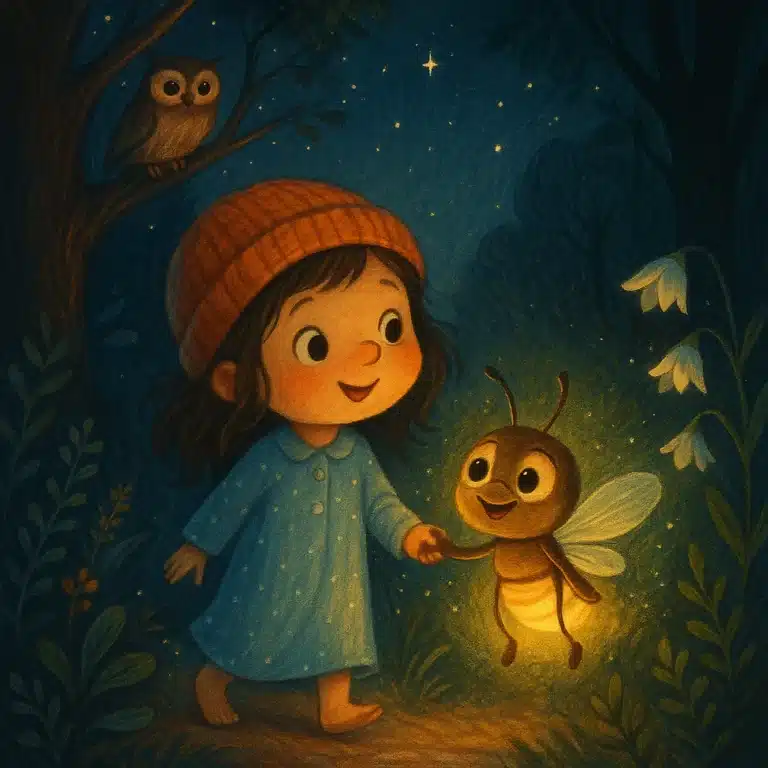Menina de touca e vaga-lume sorrindo em floresta escura iluminada por vaga-lume e estrelas.