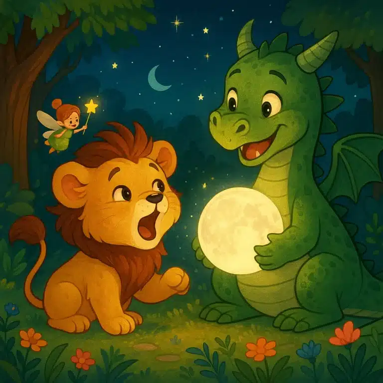 Leãozinho admirando a lua brilhante segurada por um dragão verde, com uma fada por perto.