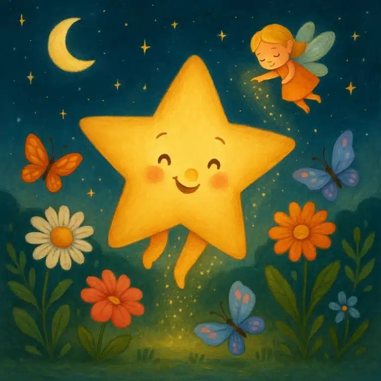 Estrela sorrindo flutua entre flores e borboletas, iluminada por uma fada sob a lua.