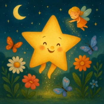 Estrelinha sorridente chamada Luna descendo ao jardim encantado com ajuda de uma fada, rodeada por flores, borboletas e céu estrelado — ilustração mágica ideal para historinhas infantis sobre sonhos, descobertas e autoestima.