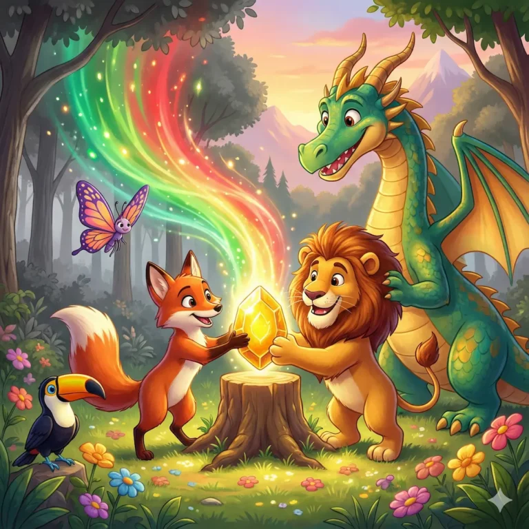 Raposa, leão, dragão e borboleta observam cristal mágico emitindo arco-íris em floresta.